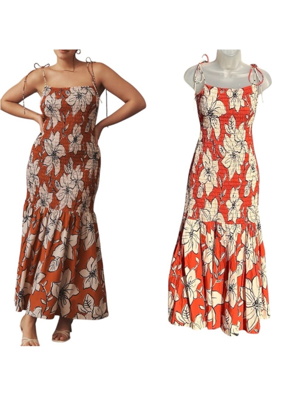 DHRUV KAPOOR Women‎ XS Brown Floral Cotton Sleeveless Square Smocked Maxi Dress.